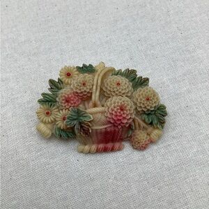 Vintage Floral Basket Celluloid Brooch Circa 1930